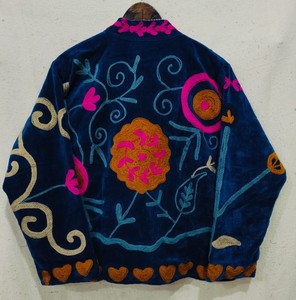 Hand Embroidered <b>Velvet</b> <b>Jacket</b> Mandarin Collar Full Sleeve Floral Pattern Zipper Closure Women's Autumn Coat - Product Image 3