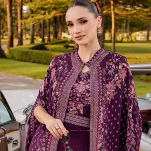 Robe de soirée violette imprimée avec cape longue jusqu'au sol |   Veste de costume à superposer |   Ensemble élégant et festif de cape indo |   Sans plis, moderne - Product Image 3