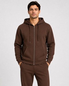 Sweat-shirt à capuche zippé pour homme RELEVO INDUSTRIES, en molleton de coton marron uni, coupe classique, décontracté, pour l'automne. - Product Image 6