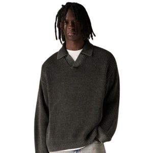 Pull polo côtelé pour homme, noir, manches longues, effet délavé, doux et texturé, décontracté, hiver, OEM - Product Image 3