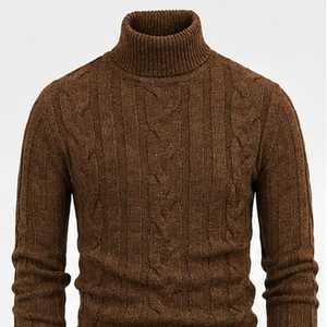 Pull en laine classique marron à col roulé en maille torsadée pour homme, coupe ample, manches longues, idéal pour l'hiver et le quotidien - Product Image 1