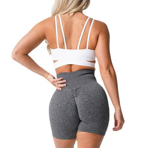High Waist V-neck Gray Yoga <b>Shorts</b> Racerback Compression <b>Ruched</b> Seamless Spandex Polyester 220g Elastic Set - Product Image 4