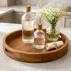 Plateau de service rond avec poignées, plateau décoratif en bois pour la maison, la cuisine, la table basse, le petit-déjeuner - Product Image 5