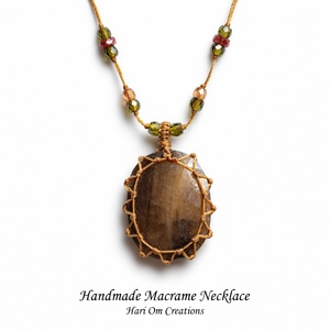 สร้อยคอจี้หินควอตซ์สโมคกี้เคลือบแพลตตินั่มทำมือประดับด้วยลูกปัดน้ำจืดแบบมาคราเม่ หินสีน้ำตาลทรงเหลี่ยม สไตล์โบโฮ สำหรับงานปาร์ตี้ เสริมพลังบำบัด - Product Image 3