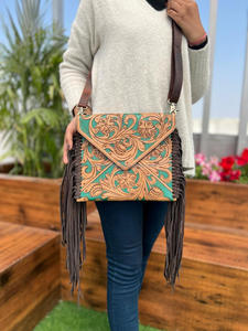 Bolsos con flecos grandes de cuero verde de estilo occidental, superventas, monederos compactos de diseño de alta calidad para mujer, novedad - Product Image 2