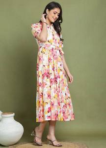 Vestido Midi de Algodón con Estampado Floral Blanco y Rosa para Mujer, Mangas Cortas, Corte Holgado, Casual, Verano - Product Image 3