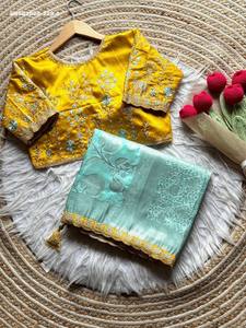 ผ้าไหมคัชชูคุณภาพพรีเมียมสีน้ำเงิน ดีไซน์เนอร์แบรนด์ Blue Needle Exports พร้อมขอบลูกไม้แฟนซีและเสื้อปักลายสวยงาม ผลิตในอินเดีย - Product Image 6
