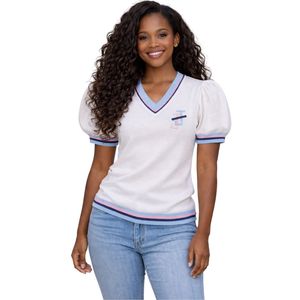 เสื้อสเวตเตอร์แขนสั้นสีขาวคอวีทรงพองสำหรับผู้หญิง ยี่ห้อ Jack and Jill เนื้อผ้านิตนุ่ม สวมใส่สบาย ดีไซน์หรูหรา ทันสมัย สไตล์ลำลอง สามารถสั่งตัดเย็บได้ - Product Image 1