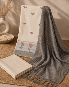Unstitched <b>Hand</b> Embroidered Jamdani Cotton Kurta <b>Set</b> in <b>Cream</b> White for Women Available at wholesale Price - Product Image 5