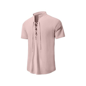 เสื้อเชิ้ตผู้ชายสีน้ำตาล คอจีน แขนสั้น สีพื้น ดีไซน์ผูกเชือกด้านหน้า มีเข็มขัด สวมใส่ได้ในฤดูใบไม้ร่วง - Product Image 2