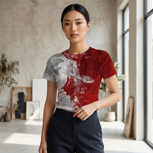 T-shirt à manches courtes col rond pour homme, motif peint à la main rouge et gris, impression par sublimation, vêtement décontracté, coupe classique, tricoté en polyester - Product Image 3