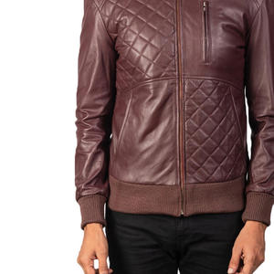 MEN HIGH QUALITY DIAMOND QUILTED MAROON REAL SHEEPSKIN <b>LEATHER</b> BOMBER <b>JACKET</b> WITH RIBBED HEMS AND STAND COLLAR - Product Image 5