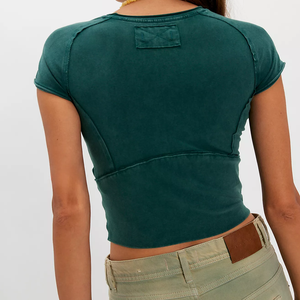 Exposed Seam High-quality Women's Fashion Women's Crop <b>Top</b> Cap Sleeve O-Neck Slim Fit Casual Solid Color Breathable Women Tee - Product Image 5
