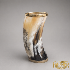 Handcrafted Viking <b>Dragon</b> Engraved Buffalo Horn Glass with Brass Rim Handmade Natural Horn Drinking Glass Medieval Norse - Product Image 2