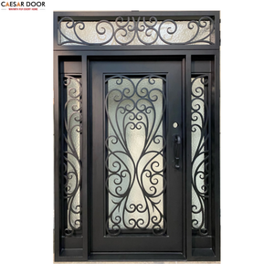 Portes extérieures en fer forgé rétro de luxe personnalisées, antivol, en acier inoxydable, avec vitrage, en fonte pour villas - Product Image 1