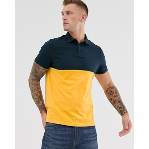 Polo pour homme à blocs de couleur, manches courtes, en coton Oxford, décontracté, respirant, design uni, coupe classique, jaune, bleu marine - Product Image 1