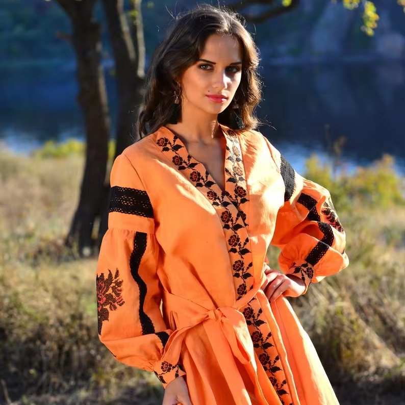 2024 Orange Women's Casual Short Satin Dress with Black Embroidered Tassel  Natural Waistline and Zipper Decoration| Alibaba.com