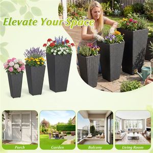 Set di 3 Vasi Alti Impilabili in Rattan Sintetico PP con Struttura in Metallo e Vasi Interni per Uso Interno ed Esterno - Product Image 6