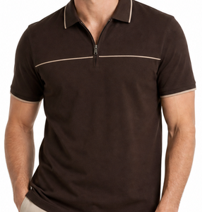 Polo marrón premium con ribete beige, camisa con cremallera de un cuarto para hombre, jersey deportivo de golf de secado rápido - Product Image 2