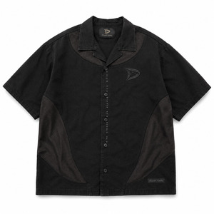 Black <b>Y2K</b> Boxy Button-Up <b>Shirt</b>, Oversized Short Sleeve Camp Collar Streetwear <b>Shirt</b> with Mesh Panels, Rhinestone Placket & Tonal - Product Image 3