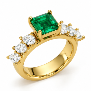 Bague de luxe en or jaune 14 carats avec pierre latérale en émeraude taille carrée verte et diamant de laboratoire, bijoux personnalisés OEM - Product Image 1