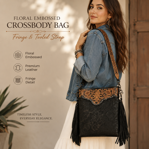 Western Floral Embossed Leather Crossbody Bag Genuine Tooled Leather Fringe Shoulder Purse Cowgirl Boho <b>Handbag</b> for Women Travel - Product Image 2