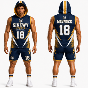 <b>Men's</b> 7v7 Flag Football Uniform Breathable Plus Size Summer Full Sublimation Navy Gold Anti-Bacterial Front Hooded Polyester Set - Product Image 1