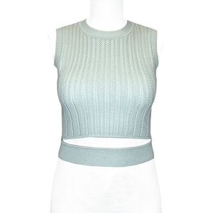Top corto de punto trenzado color menta, sin mangas, cuello redondo, suéter corto para mujer, moda de primavera para salir de fiesta - Product Image 1