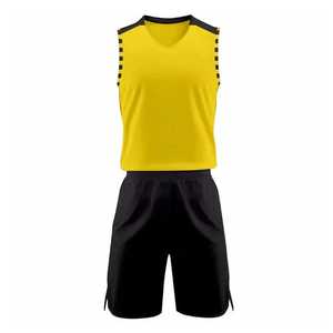 Ensemble de maillot de basket-ball jaune sans manches à col en V avec short noir, polyester respirant, uniforme pour hommes adultes - Product Image 1