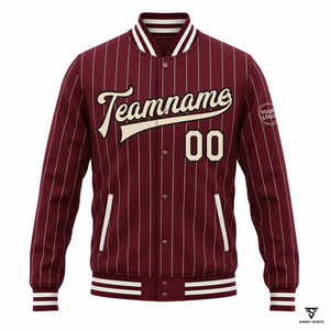 Custom Pinstripe Varsity <b>Jacket</b> <b>Men</b> Maroon <b>White</b> Stripes Team Name Number Logo Print Preppy Style Autumn Sportswear - Product Image 2