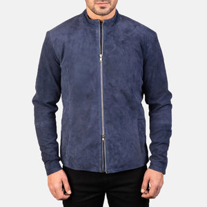 <b>Men's</b> Dark Blue <b>Suede</b> Zipper <b>Jacket</b> Stand Collar Casual Slim Fit Autumn Wear - Product Image 1