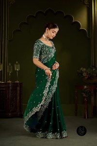 Premium Fendy Silk <b>Satin</b> Embroidered <b>Saree</b> with Heavy Sequin Work Wrinkle-Free & Quick-Dry Floor-Length & Matching Blouse - Product Image 4
