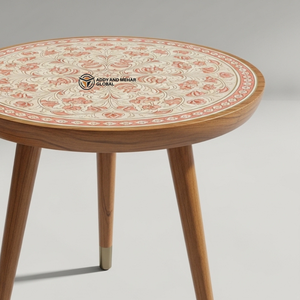 Handcrafted Meenakari Wooden <b>Stool</b> with Floral Mandala Art Traditional Indian Style <b>Round</b> Side Table Decorative Tripod Accent - Product Image 6