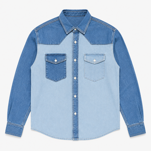 Camisa de Mezclilla Bicolor para Hombre, con Paneles en Contraste, Manga Larga, Estilo Casual Urbano, 100% Algodón, Ecológica, Antiarrugas, Personalizable - Product Image 5