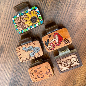 New Arrival Hand Tooled Leather Hair Claw Clip Western Hair <b>Accessories</b> for Women's Engraved Leather Square Shape Holiday Gift - Product Image 4