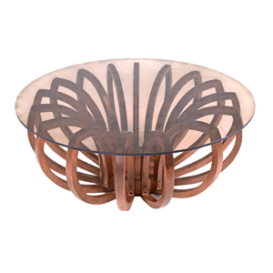 Table basse de salon moderne et attrayante, style floral, avec base sculpturale en bois de manguier massif et plateau rond en verre - Product Image 2