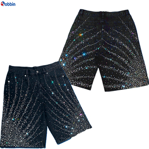 Pantalones Cortos de Mezclilla Tejida Estilo Hip Hop Casual de Verano con Lavado Vintage, Estampado Completo y Pedrería, Fabricación Personalizada, Pierna Recta para Hombre - Product Image 4