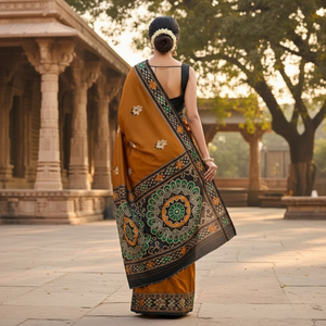 Tissu de sari en soie Patola Orange Pure avec pièce de tissu non cousue pour la blouse |   Vêtements ethniques pour femmes tissés à la main |   Prix de gros en vrac - Product Image 2