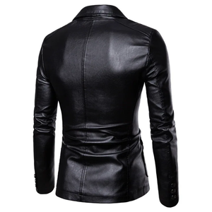 Blazer en cuir PU slim fit pour homme, noir, col rabattu, simple boutonnage, veste décontractée élégante, longueur standard, pour l'automne - Product Image 2