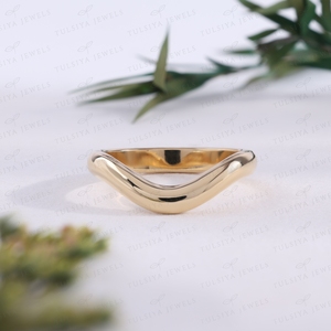 Classic Solid Yellow Gold Curved Wedding Band Modern Chevron Wave <b>Ring</b> <b>Plain</b> Stackable Promise Customizable Fine Jewelry Gift - Product Image 1