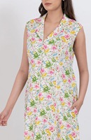 Robe mini plissée sans manches en coton floral lavable et écologique, col en V, légère et confortable pour l'été