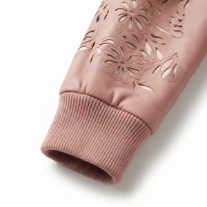 Pink Embossed Floral Hooded PU Leather <b>Jacket</b> With Zipper Closure Casual Unisex Style Autumn Wear - Product Image 3