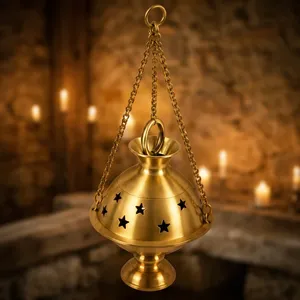 Quemador de Incienso Colgante de Latón Hecho a Mano con Diseño de Estrella Recortada, Incensario Decorativo de Metal con Cadena y Base de Pedestal para el Hogar - Product Image 5