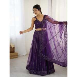 FB Purple Sequins & Dori Trabajo sin costuras Lehenga Choli Ropa de fiesta de noche - Product Image 2