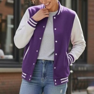 Women's <b>Purple</b> <b>Varsity</b> <b>Jacket</b> Full Sleeve Contrast Color Solid Pattern Button Up Collar Regular Length Autumn Wear - Product Image 4