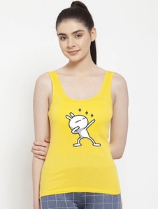Débardeur jaune pour femme à imprimé dessin animé, col rond, sans manches, décontracté, 100 % coton tricoté, respirant, avec logo frontal - Product Image 1