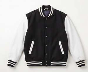 Veste universitaire noire et blanche pour homme avec boutons sur le devant et bordure rayée, style preppy - Product Image 1