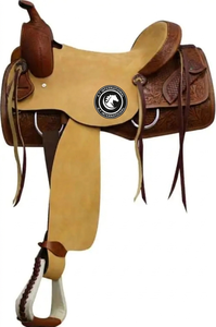 Silla de montar DD de cuero bicolor estilo western para rodeo, con diseño floral grabado a mano, costuras decorativas y asiento rígido, para equitación. - Product Image 3