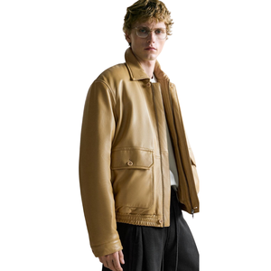 Men's Tan Genuine Leather Streetwear Jacket Spread Collar <b>Zip</b> Front Button Flap Pockets Relaxed Fit Elastic Hem Custom Outerwear - Product Image 3
