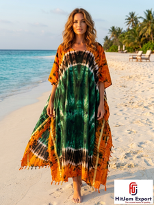 Vestido Kaftán Tie Dye para Mujer, Cuello Redondo, Holgado, Largo hasta el Suelo, Manga Corta, Estilo Bohemio, para Playa, Verano, con Borlas, de Chifón, Fabricante OEM ODM - Product Image 3